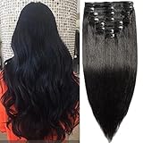 TESS Clip in Extensions Echthaar Schwarz 60 cm, Remy Hair 8 Tressen Hair Extensions Clip in Glatt 170g Extensions Clip in Lang Haarverlängerung Doppelt Tressen (60 cm-#01(Rabenschwarz))