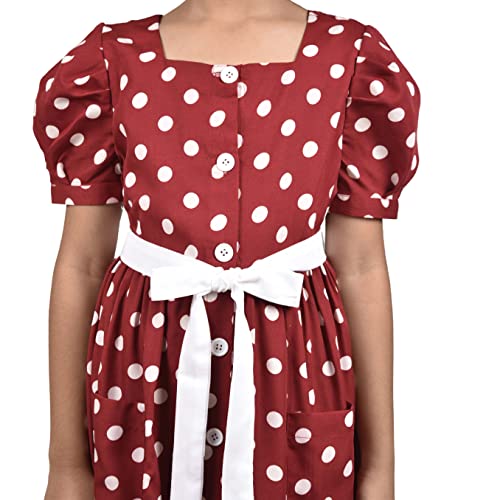 Image of Maroon White Polka DOT Printed Girls Dress with Square Neck & Front Placket Opening