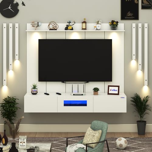 Image of Anikaa LucenPro Engineered Wood Wall Mount TV Unit with PVC Back Panel, Acrylic Blue LED Storage Box, Side Wooden Accent Spot Light Panels I Deal for Up to 50 Inch TV (White - DIY Installation)