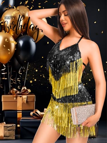 Image of Kaei&Shi Sequin Fringe Romper,Sparkly Glitter Metallic Jumpsuits For Women,Backless Shorts Dress Disco Birthday Dance Outfit