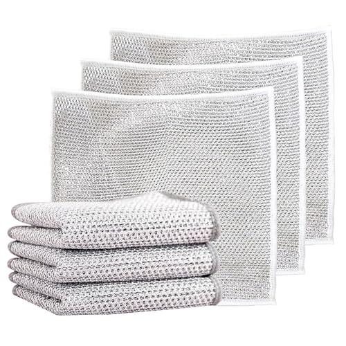 Multipurpose Double Layer Non Scratch Scrubbing Wire Dishwashing Rags for Wet and Dry, 6 PCS Multifunctional Reusable Cleaning Wire Dish Towels, Lint Free Duster Cloths for Kitchen, Dish, Sink, Pots
