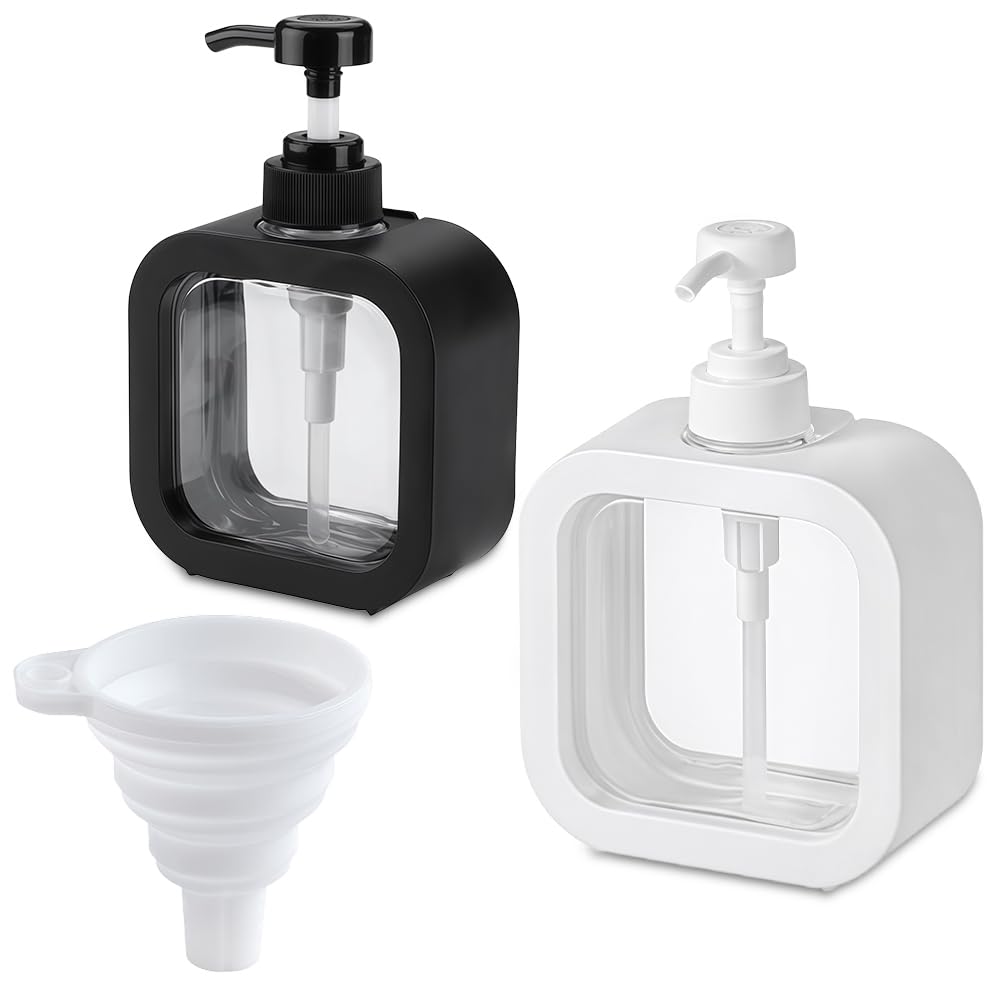 2 PCS Refillable Soap Dispenser Set, 500ml Removable Shampoo Bottles with Pump Empty Liquid Dispenser Bottles Easy Refill, Pump for Shampoo, Conditioner, Hand Soap for Bathroom, Kitchen, Restroom