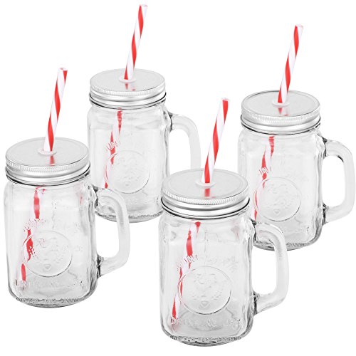 VonShef Set of 4 Mason Glass Drinking Jars Set 15 Ounce Glasses with Reusable Straws, Twist Lids and Handles