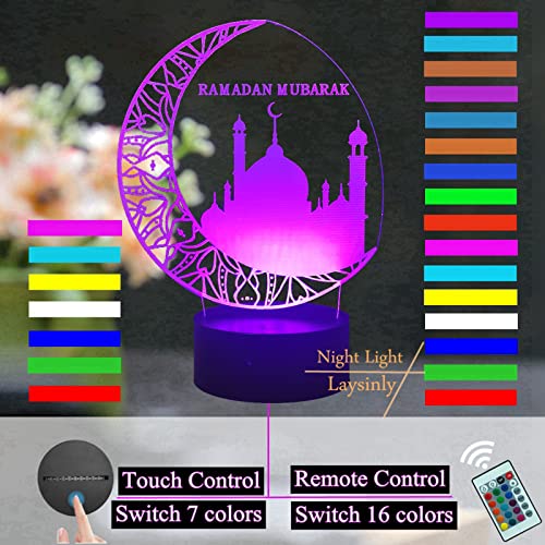 Laysinly Ramadan 3D Night Light Mubarak Islam Muslim Church Desk Lamp 16 Colors Change Decoration Light Remote Control Led Night Lamp For Bedroom Living Room Eid Al-Fitr Party Light (Moon) #TOP2