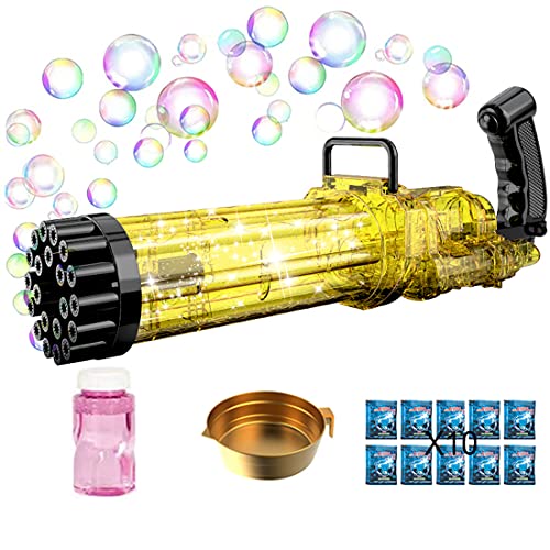 Mangold Upgraded Large Automatic Gatling Bubble Machine Fluorescent with Light Bubble Guns Automatic Bubble Gun Toy 21-Holes Huge Amount Bubble Maker for Boys and Girls (Upgraded Large Golden)