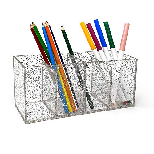 Image of Isaac Jacobs 4-Compartment Clear Acrylic Organizer- Makeup Brush Holder- Storage Solution- Office, Bathroom, Kitchen Supplies and More (4 Compartment, Silver Glitter)