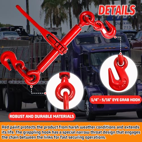 Image of Ratchet Chain Binders 1 /4''- 5 /16'', Load Binder with G70 Grab Hooks, Adjustable 1 /4 inch Binder for 1 /4 Chains, 2200 Pounds Working Load Limit- Heavy Duty Ratchet Binders for Towing (2 Pack)