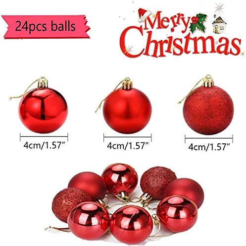 ZHOUZHOU 24Pcs Christmas Baubles,Shiny, Matte & Glitter Christmas Balls Ornaments,Christmas Tree Decoration,Hanging Ball for Tree Decorations,Christmas Balls for Christmas Tree(4cm) (Red)