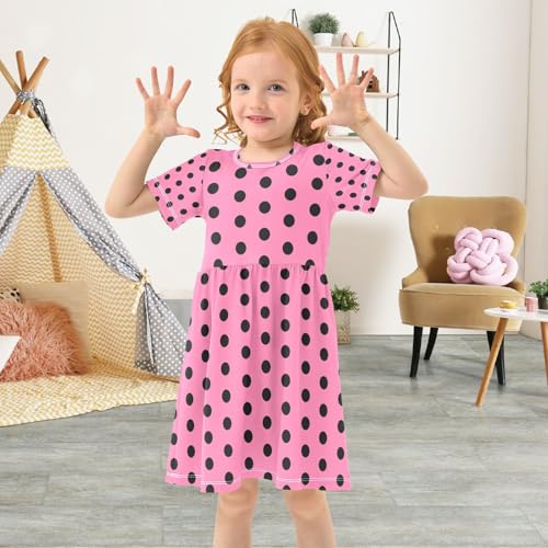 Polka Dots Pink Black Girls Short Sleeve Dress Summer Fashion A-line Skater Dresses4
