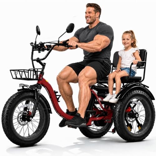 KAKIGO Elektro-Dreirad Für Erwachsene,Fat Tires Elektro-Dreirad,250W Motor,95 Nm,48V 18/10.4Ah Akku,20 Km/h, Vorder-&Hinterkorb,Differenzial,90/50Km Reichweite,Differential rot Zweisitzer-Version