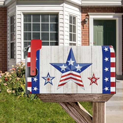 Image of 4th of July Patriotic Blue Red Star Mailbox Cover Magnetic Standard Size 21x18 Inch Independence Day Memorial Day Decorative Post Letter Box Wrap Decor Garden Yard Decoration