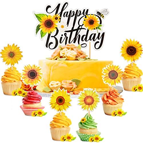 43 Pieces Sunflower Cake Topper Sunflower Cupcake Toppers Sunflower Birthday Party Decorations Sun Flower Cake Picks Yellow Daisy Cupcake Topper for Girl Boys Baby Shower Supplies Decor