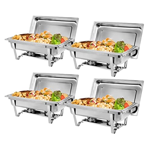 ZENY Pack of 4 Chafing Dish 8 Quart Full Size Stainless Steel Complete Chafer Set with Water Pan and Chafing Fuel Holder