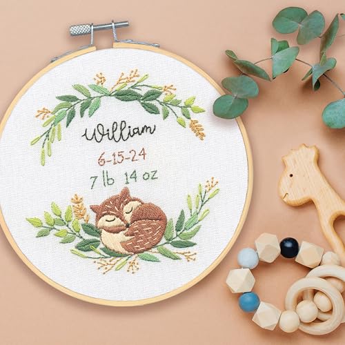 Image of Dimensions 72-70392 Fox Birth Record Embroidery Needlepoint Kit for Beginners, 6 inch Diameter Hoop, Multicolor, 5 Pieces