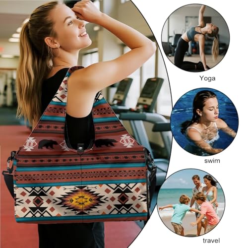 Gym Bag With Yoga Mat Holder With Shoe Compartment 4 Open Pocket Holds More Accessories Fits For Most Yoga Mats Lightweight Canvas Duffle Bag Aztec Bear Native American4