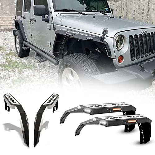 JK Fender Flares for Jeep Wrangler JKU 2007-2017 2018 4WD 2WD | Hawkley Steel Fender Flares with LED DRL Light & Turn Signal Lights for Jeep Wrangler JK & JKU Unlimited Rubicon Sahara Sport