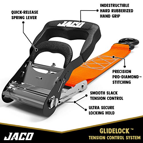 Jaco Heavy Duty Ratchet Straps - 1.6 In X 8 Ft (4 Pack) | Tie Down Kit With Soft Loops - 5,208 Lbs (Orange) #TOP2