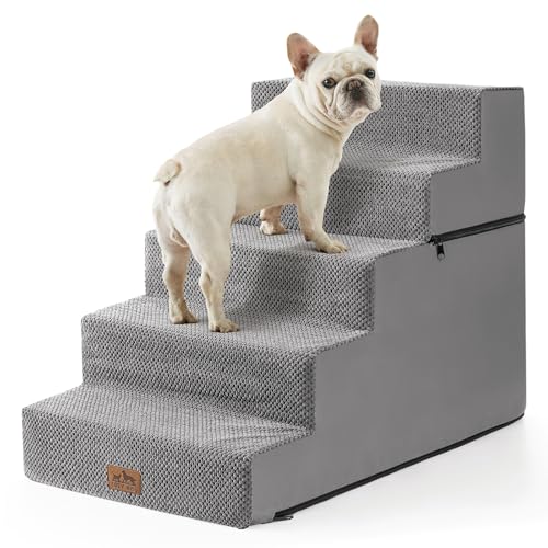 Image of COZY KISS Dog Stairs for Small Dogs, 5 Step Pet Stairs for Beds & Couches | 23.6 inch H Wide Non-Slip Dog Steps with Removable Tiers & Support Board for Puppies, Older Cats & Dogs, Grey