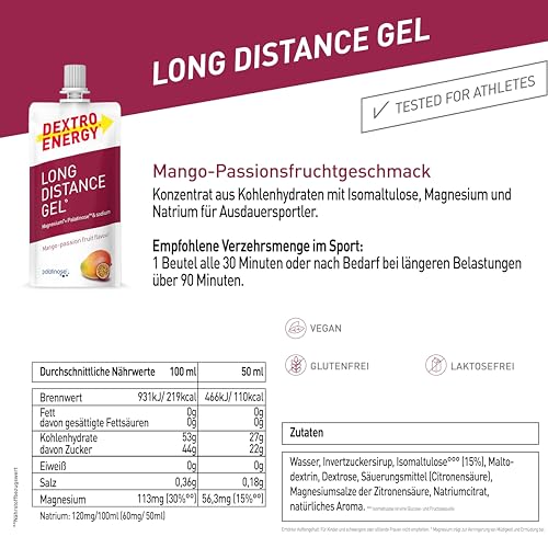 Dextro Energy Long Distance Gel Mango Passionfruit + Magnesium und Natrium - 12x50ml (12er Pack) - High Carb Energy Gel mit Palatinose und Elektrolyte
