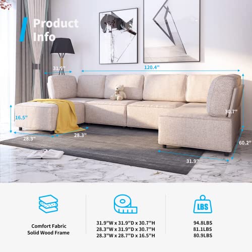 Mjkone U Shaped Modular Sectional Sofa, 6 Seat Convertible Modular Sofa L Shaped Couch Sofa, Queen Size Sleeper Sofa Bed Couch, Variable Oversized Sectional Couches for Living Room, Beige
