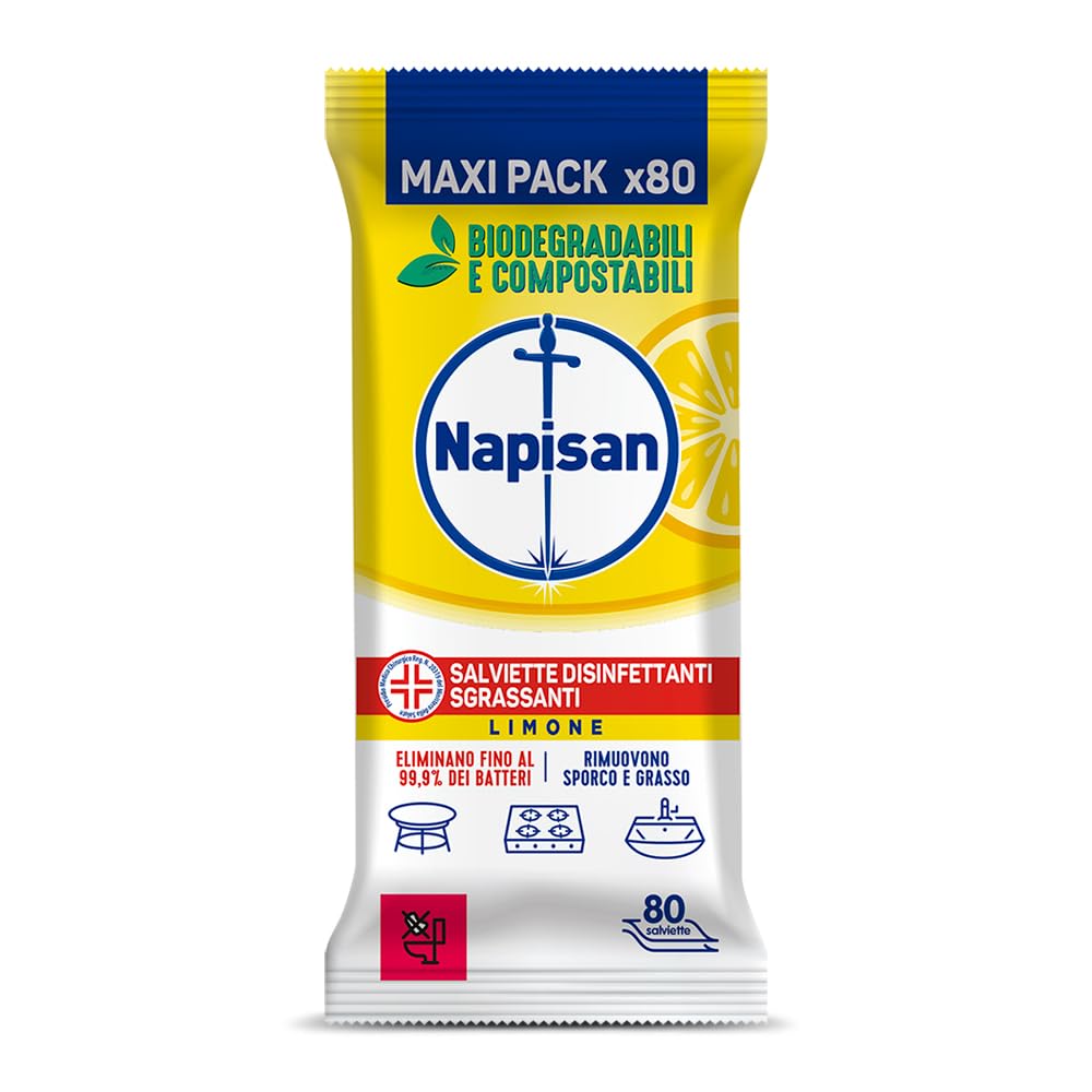 Napisan Salviette Disinfettanti Sgrassanti al Limone, Confezione da 5 Pacchi x 80 Salviette Disinfettanti Biodegradabili e Compostabili Multisuperfici