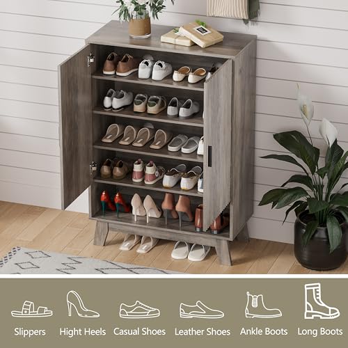 Image of Shoe Cabinet Storage for Entryway, 5 Tier Fluted Shoe Storage Cabinet with Wooden Legs, Narrow Hidden Shoe Organizer with Adjustable Shelves, Freestanding Shoe Rack for Entryway, Hallway, Grey