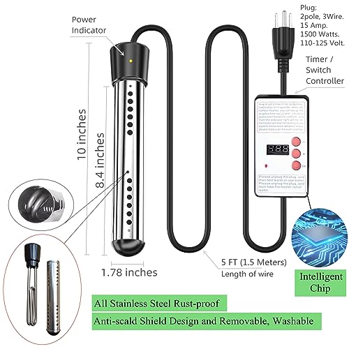 Melvyfiore HT1500W 1500W Electric Immersion Water Heater For Bucket, Bathtub Heater With Timed Automatic Power Off, Small Portable Heaters With 304 Stainless-Steel Guard, Heats 5 Gallons Water In Rapid thumb #2