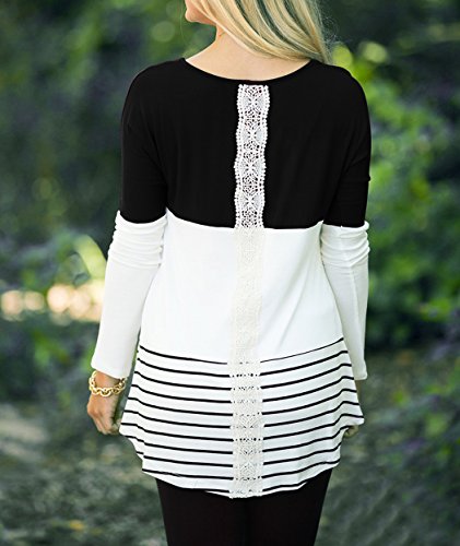 Hount Womens Back Lace Color Block Tunic Tops Long Sleeve T-Shirts Blouses with Striped Hem (X-Large, Black)