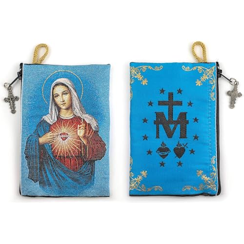 Image of Catholic Rosary Pouch, 4 inch x 6 inch Jewelry & Coin Purse with Cross, Small Woven Tapestry Icon Bag, Bolsa de Rosario Catolico para Joyeria, Virgin Mary Immaculate Heart & Miraculous Medal Symbol, 4 inch x 6 inch