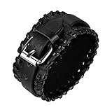 JewelryWe Schmuck Biker Lederarmband, Gürtel Design breit Schwarz Leder Armband, Partnerarmband Armreif für Damen Herren Unisex 21cm Breite 32mm