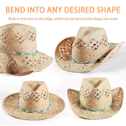 Image of Men's Cowboy Hats Summer Women Beach Cowgirl Hat Raffia Unisex Western Sun Hat