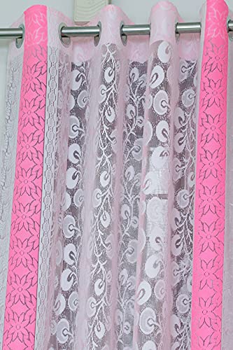 Image of Exporthub 2 Pieces Fancy Sparkling White Flowers Pink Stripe Heavy Quality Sheer Strip Semi-Transparent Net Curtains - Size - Door - 4 x 7 feet (EHSPR774 74)