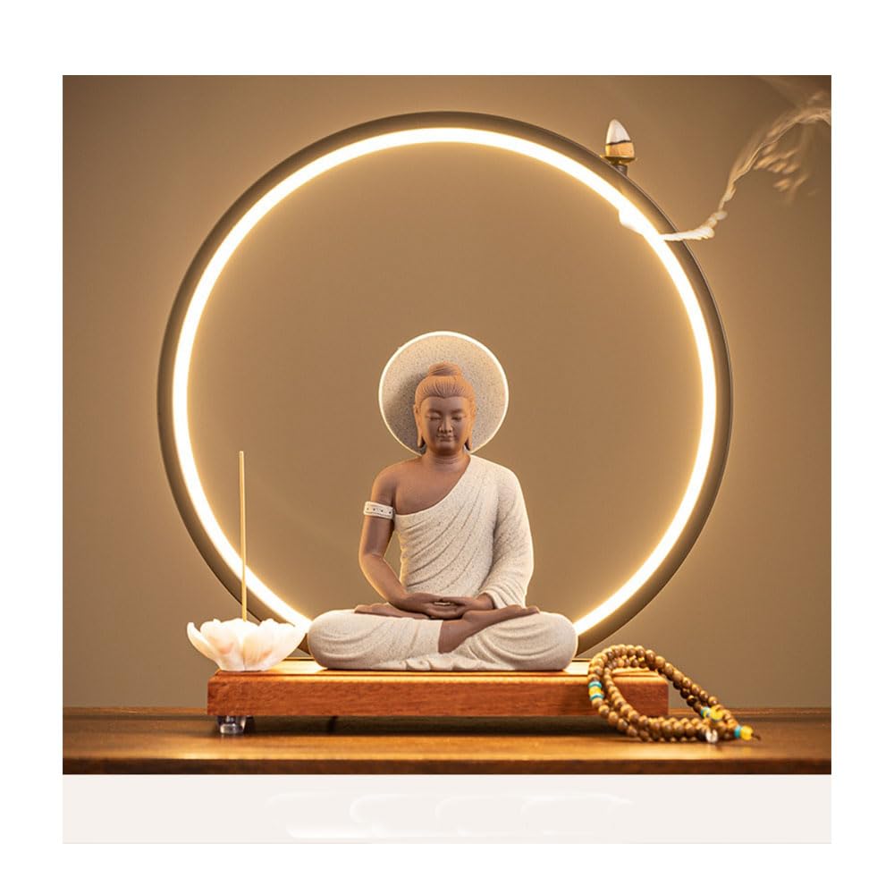 Dytartzx #8 Shakyamuni Buddha Statue With Backflow Incense Burner Incense Holder With Led Light Ring Decorative Tathagata Buddha Figurine
