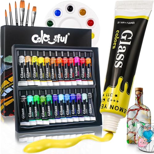Colorful Stain Glass Paint Set with 6 Brushes, 1 Palette, 24 Color Waterproof Acrylic Enamel Painting Kit for Kids to Arts on Transparent Wine Glasses, Light Bulbs, Windows and Ceramics