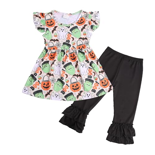 Image of Thanksgiving Toddler Girls Turkey Outfits Set Ruffle T-Shirt Dress and Pants Outfit Set 3-8Years