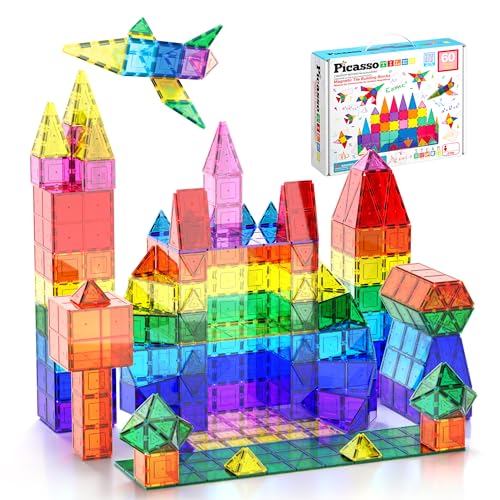 PicassoTiles 60 Piece Set 60pcs Magnet Building Tiles Clear Magnetic 3D Blocks Construction Playboards - Creativity Beyond Imagination, Inspirational, Recreational, Educational, Conventional