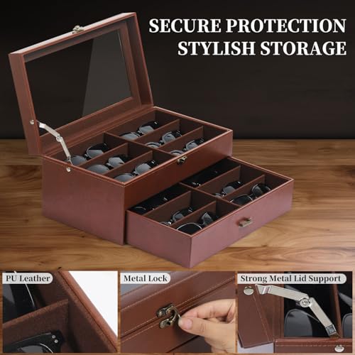 Image of AUTOARK Leather & Velvet 12 Piece Eyeglasses Display Case,Coffee,AW-164 | Clear Lid,Storage and Sunglass Organizer,Drawer Lockable