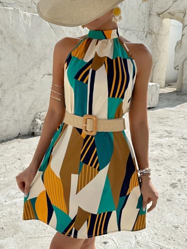 Image of Floerns Women's Geo Print Halter A Line Dress Sleeveless Vacation Short Dresses