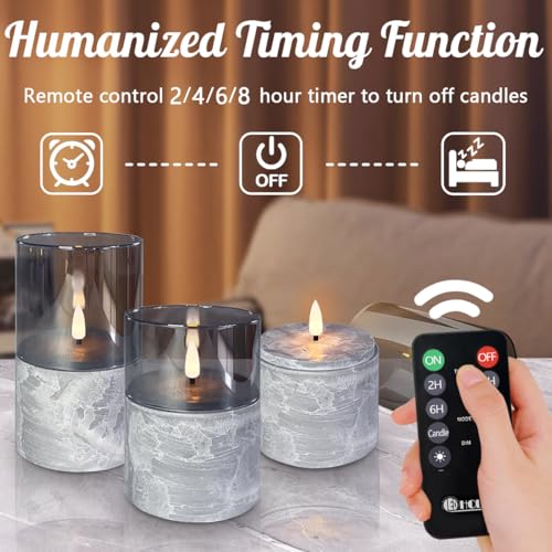Image of LEDHOLYT Rechargeable Marble Flameless CandlesGray Glass Marble Finish Pillar Candle with Remote &Timer, Decorative Candles for Living Room, Holiday Decor& Gifts for Women.Set of 3