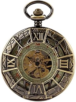 Bronze Men's Antique Mechanical Pocket Watch, Skeleton Mechanical Roman Numerals Pocket Watch with Chain + Box