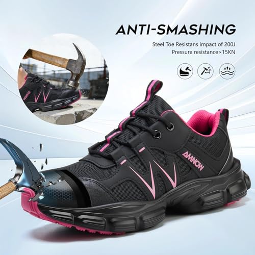 Image of Hogent Steel Toe Shoes for Women Men Wide Non Slip Work Sneakers Indestructible Shoes Lightweight Breathable Construction Sneakers Puncture Proof Ergonomic Design