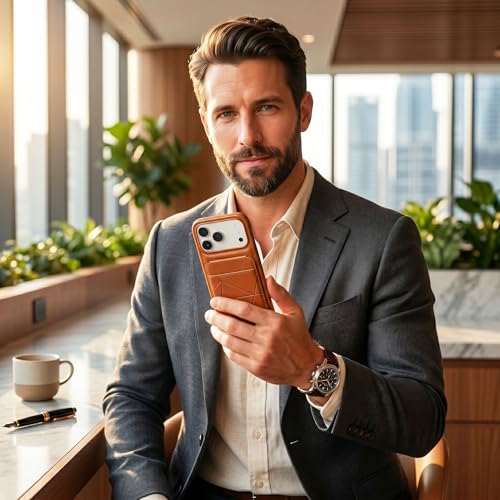 Image of amazon basics Premium Vegan Leather Back Cover with Card Holder and Integrated Mobile Stand for iPhone 17 Pro - Slim Shockproof Wallet Case with Geometric Stitching [Tan]