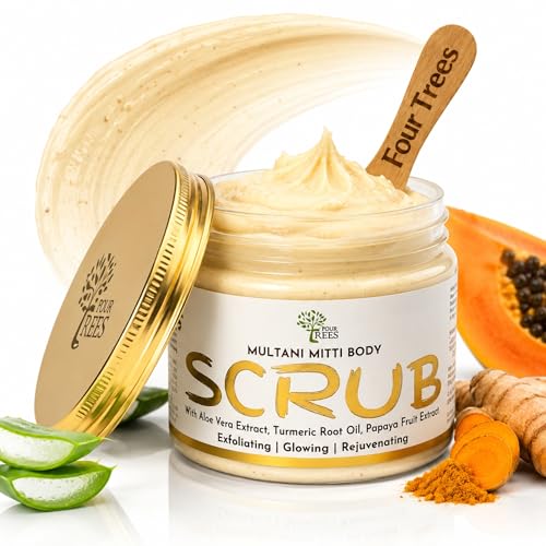 Image of Four Trees Body Scrub for Tan Removal (Multani Mitti) | Body Polish Scrub | Exfoliates with Aloe Vera, Turmeric Root Oil, Papaya Fruit Extract | For Men & Women | 200gm