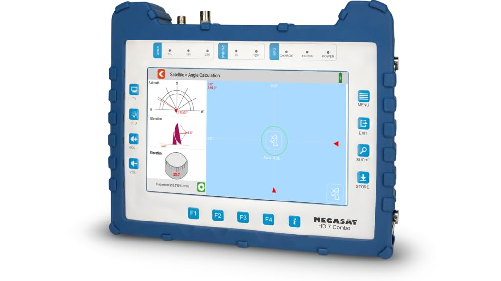 Megasat HD 7 Combo – Misuratore (per DVB-S, DVB-S2, DVB-T, DVB-T2, DVB-C, DAB+, Live-TV Bild, Unicable, display a colori da 8,9", batteria, lampada)