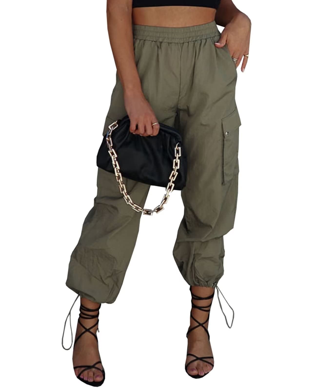 Parachute Pants for Women, Elastic High Waist Y2k Cargo Pants Women Baggy with 4 Pockets