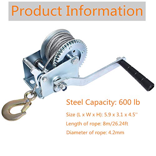 Heavy Duty Hand Winch 600Lbs Hand Crank Strap Gear with 8m Steel Wire Manual Operated Two-Way Ratchet ATV Boat Trailer Marine for Trailering or Loading Boats Personal Watercraft and Lawn Equipment - Image 2