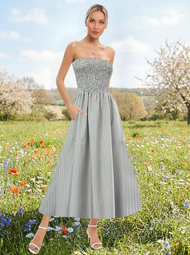 Image of Aigeman Women Strapless Tube Maxi Dress Flowy Swing Long Beach Sundress Sleeveless Boho Summer Dress with Pokets 330