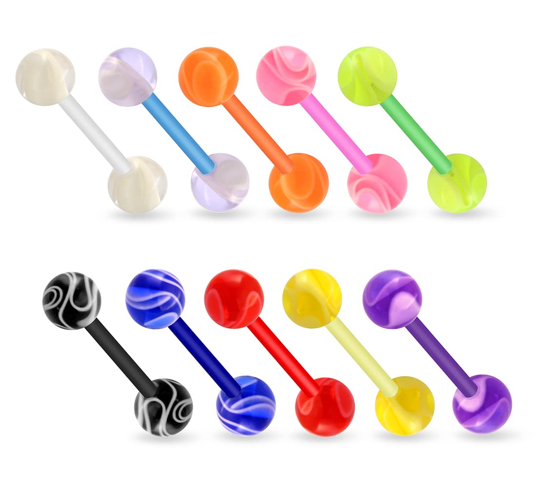 Monster Piercing Paquete de 10 Piezas de Bola de m?rmol UV con Calibre 14 Bioplast Piercing de Barra de leng?ETA Recta Flexible con Barra