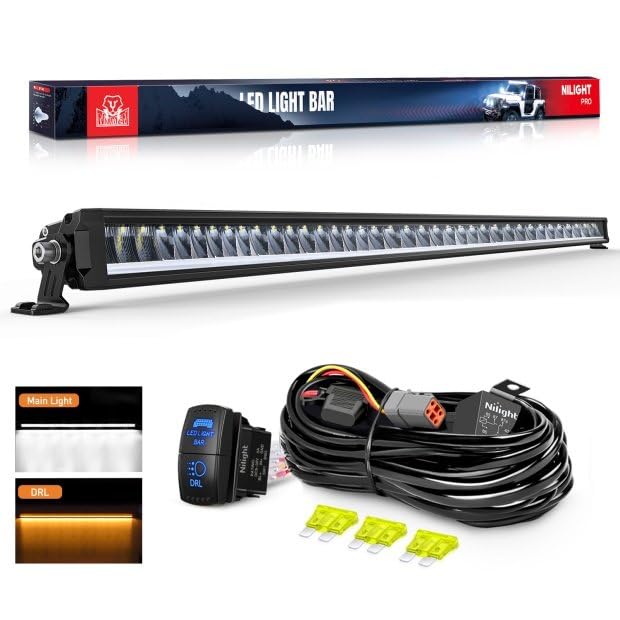 Image of Nilight LED Light Bar with Amber DRL 50.5 Inch 210 W Single Row Light | Anti-Glare Flood Spot Combo Slim Offroad Lights IP68 w / 12 AWG DT Wiring Kit for Pickup Truck SUV ATV UTV Boat 4x4