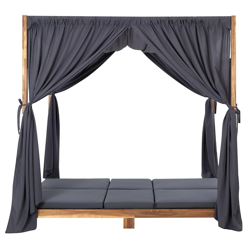 Podwójny leżak do opalania z litego drewna akacjowego z zasłonami i poduszkami, 148 x 200 x 200 cm, leżak ogrodowy dla 2 osób, leżak na basen, balkon, taras do aktywności na świeżym powietrzu